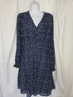 CAbi Blue Floral V-Neck Long Sleeve Summer Dress Size M
